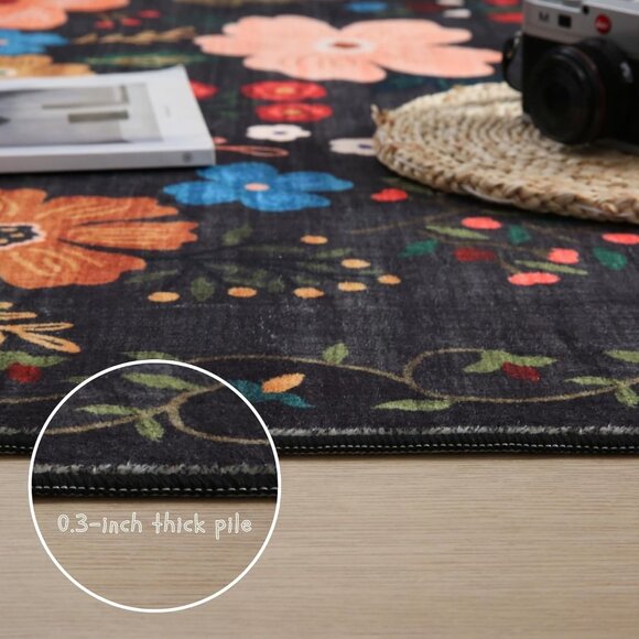 New 5x7 Black Area Rug, Washable Vintage Floral Non-Slip Carpet for Any Room - Picture 6 of 9